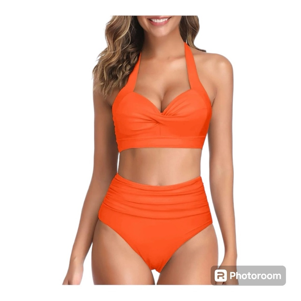 Tempt Me Women Two Piece Swimsuit Retro Halter Ruched High Waist Bikini